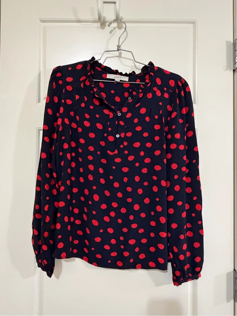 LOFT Navy Blouse with Red Polka Dot Print